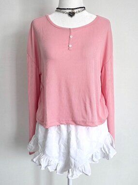 NWOT Fashion Nova Pink Ribbed Henley Medium Coquette Glitter Button Y2K Lounge